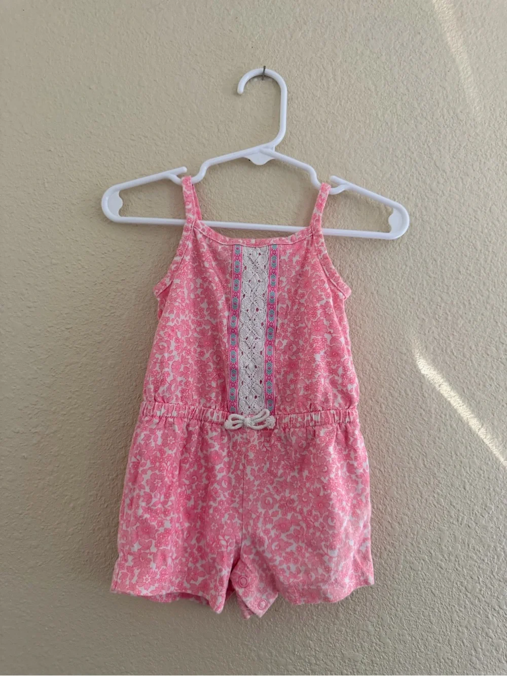 Carter's Pink Floral Sleeveless Romper with Lace Trim